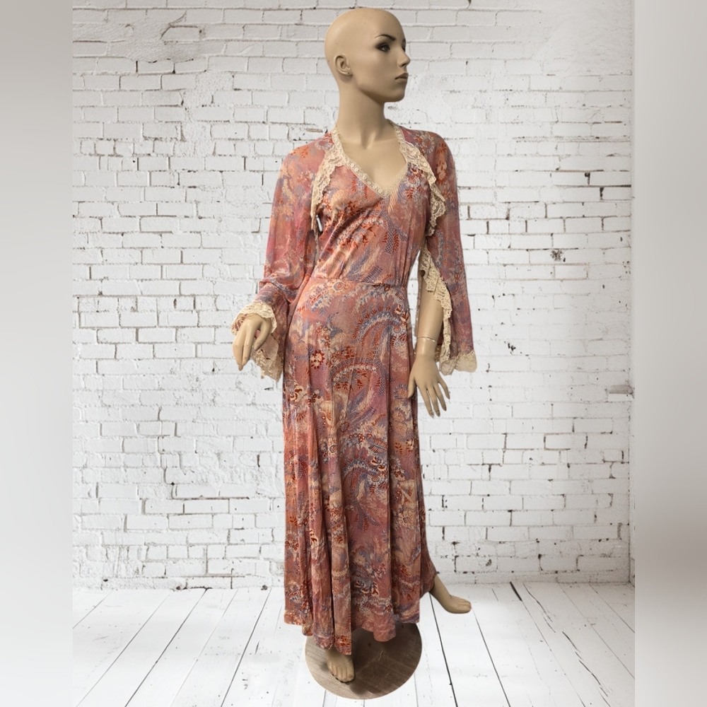 Vintage 70's Boho Maxi Floral Leaf & Lace Zip Back